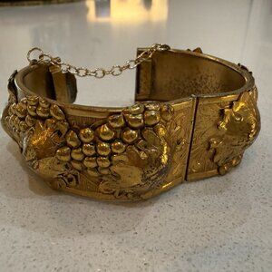 Vintage Hinged Brass Bracelet with Grape Leaf Design